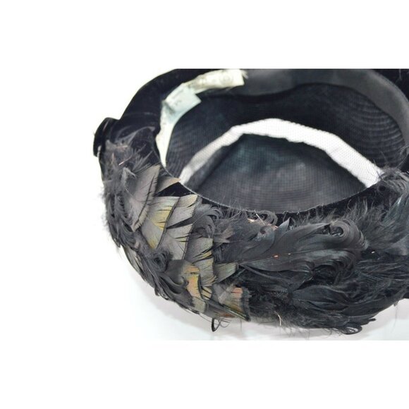 1950s Black Velvet Ostrich Feather Breton Hat Sear - Picture 5 of 6
